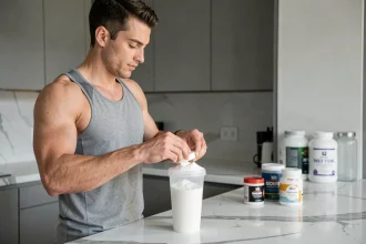 Homme préparant un shaker de whey protéine dans une cuisine moderne, entouré de compléments alimentaires fitness
