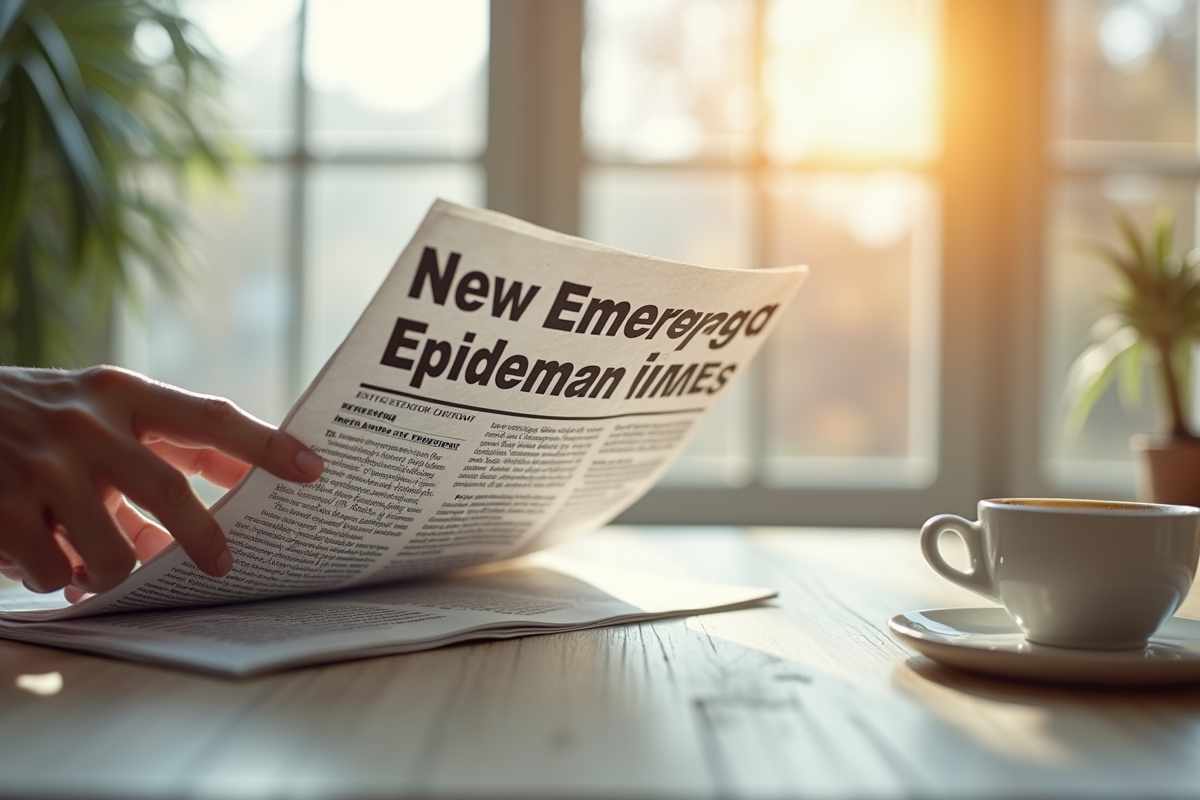 Main tenant un journal sur une epidemie emergente au petit déjeuner