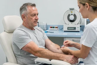 Homme adulte faisant une prise de sang dans un laboratoire d'analyses médicales pour vérifier son taux d'hématies