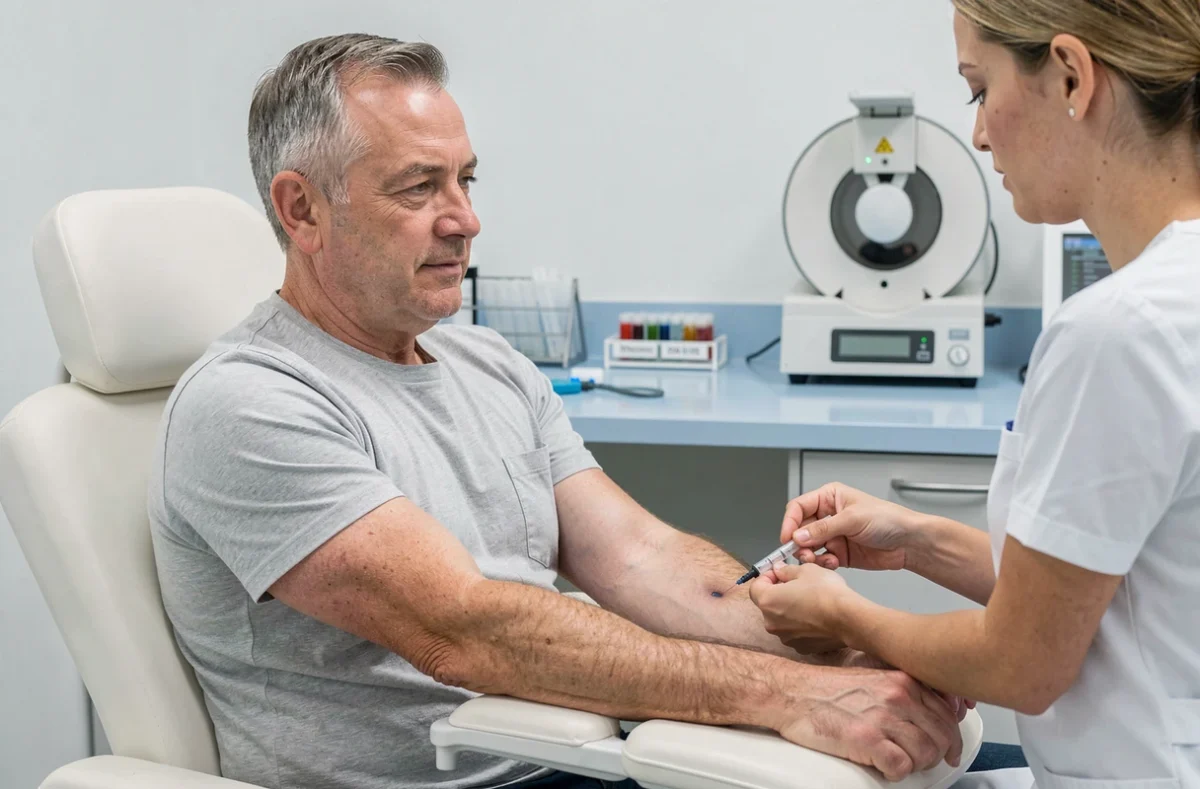Homme adulte faisant une prise de sang dans un laboratoire d'analyses médicales pour vérifier son taux d'hématies