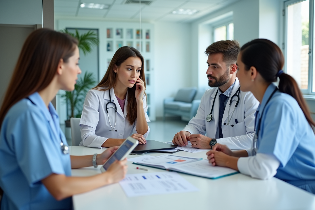 Professionnels de santé discutant autour d une table en consultation