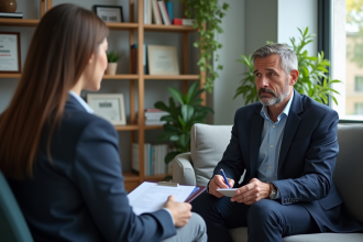 Psychiatre homme en costume écoute une patiente dans un bureau moderne