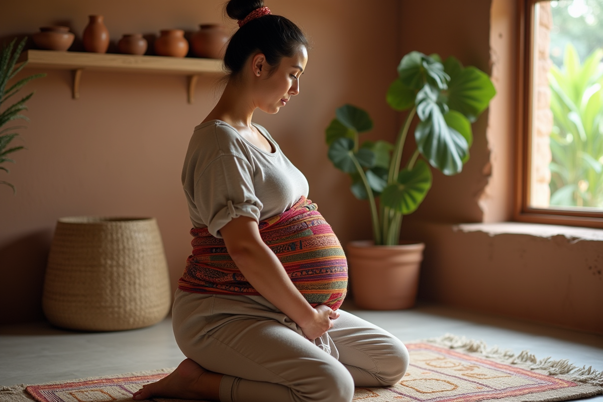 Praticienne ajustant un rebozo sur une femme en postpartum