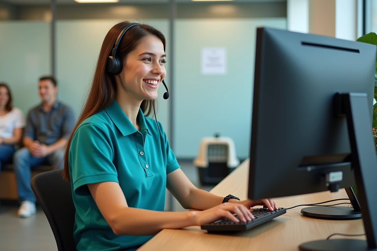 Réceptionniste vétérinaire utilisant le logiciel GmVet 2 pour gérer les rendez-vous et la relation client à l'accueil d'une clinique