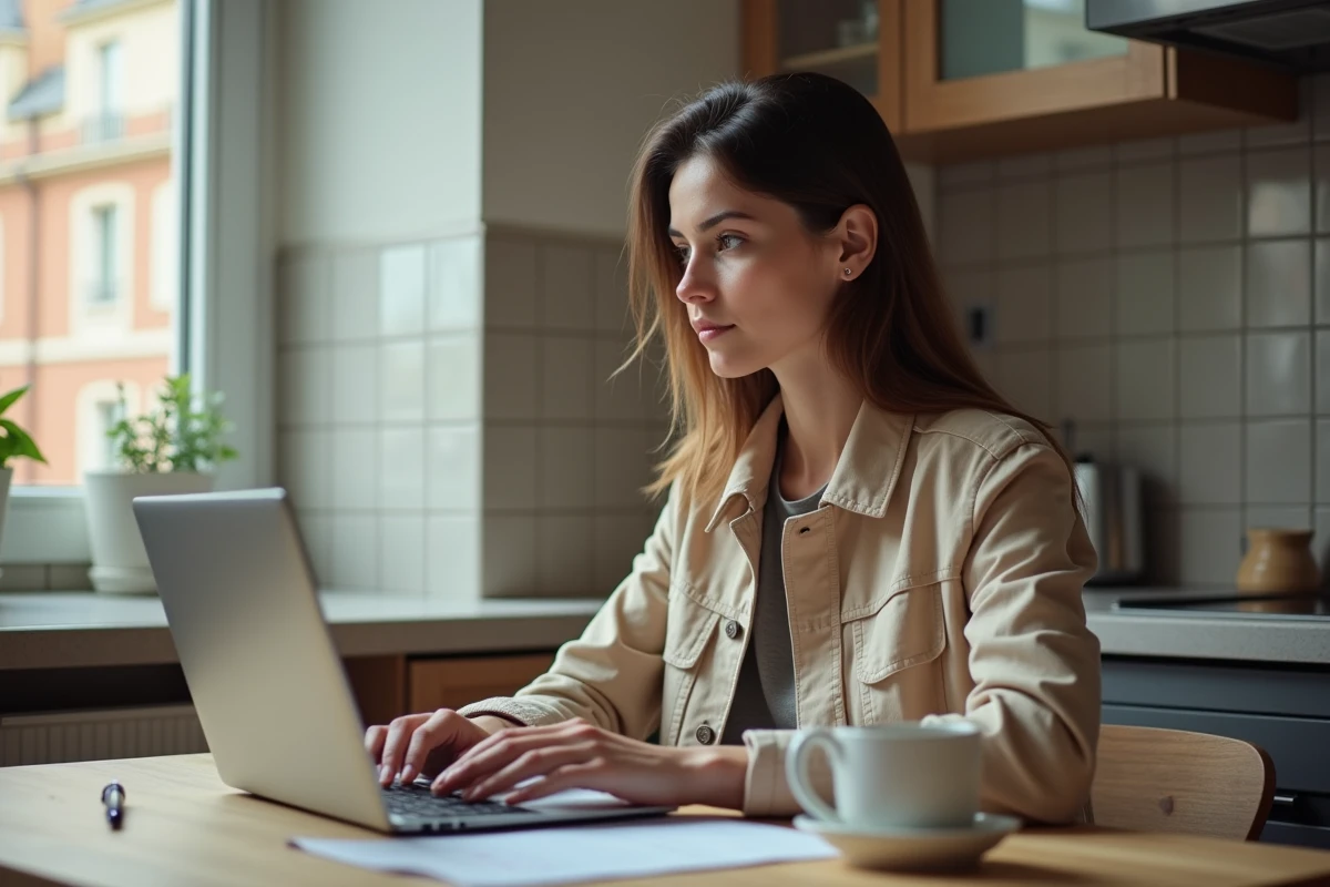 Jeune femme recherchant l'adresse postale de la CPAM Lyon sur le site Ameli.fr depuis son domicile