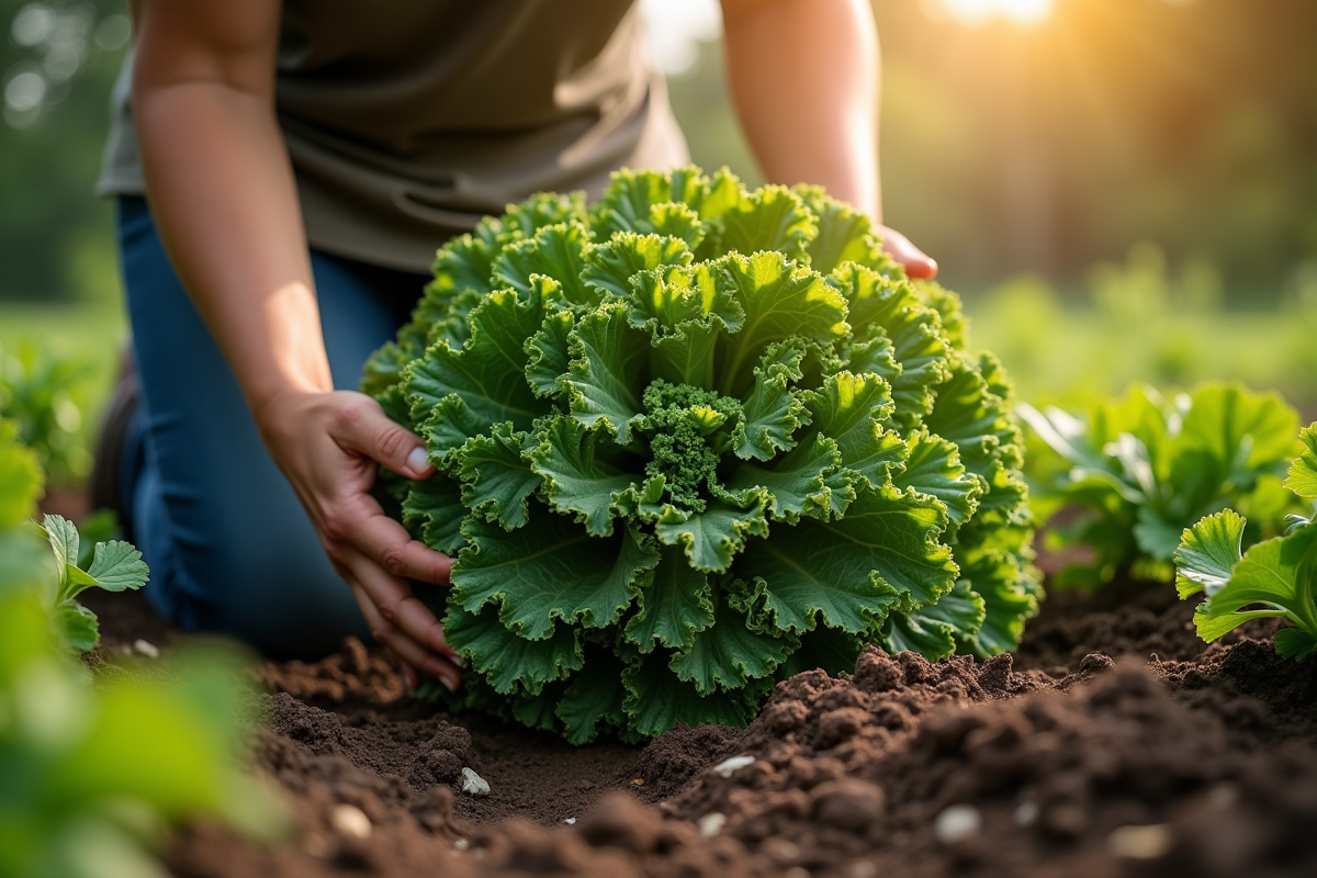 Mains récoltant du chou kale dans un jardin bio au matin