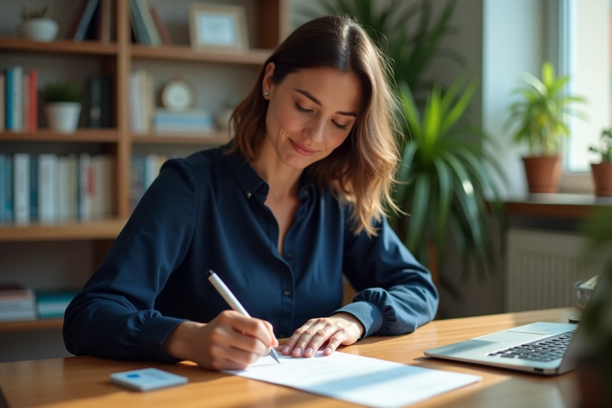 Femme rédigeant un courrier adressé à la CPAM de Lyon avec enveloppe et carte Vitale sur un bureau en bois