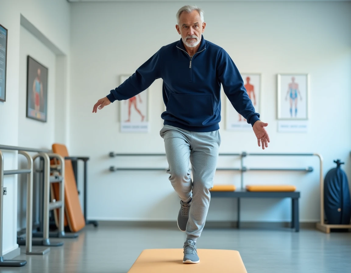 Homme pratiquant des exercices de rééducation vestibulaire dans un cabinet de kinésithérapie pour traiter la maladie de Ménière
