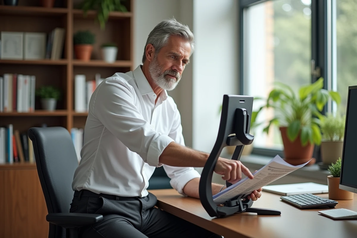 Homme expliquant comment régler l'inclinaison d'un fauteuil ergonomique pour réduire la douleur au coccyx