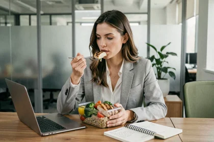 Femme en pause déjeuner au bureau mangeant un repas équilibré préparé selon une méthode de régime adaptée au travail