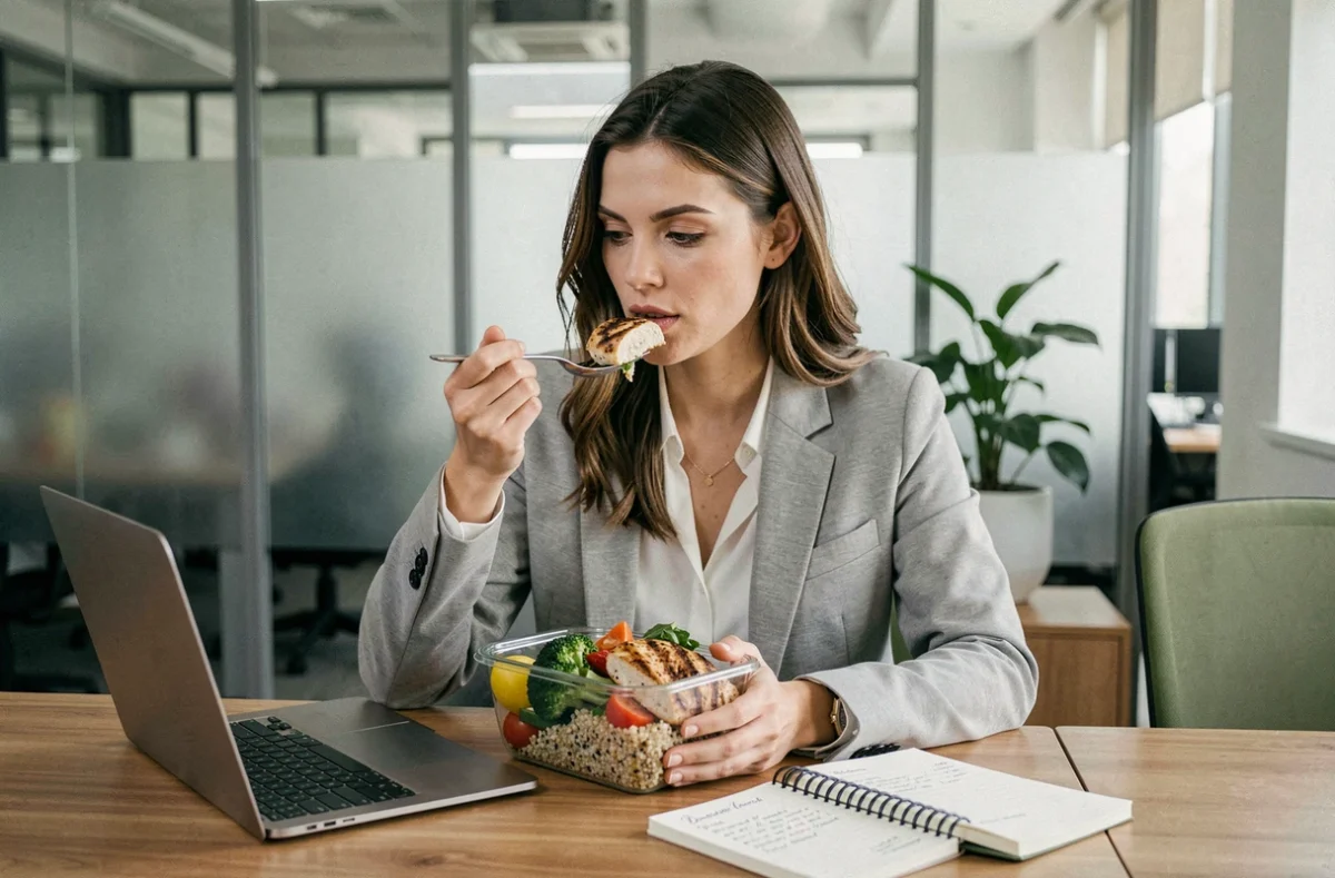 Femme en pause déjeuner au bureau mangeant un repas équilibré préparé selon une méthode de régime adaptée au travail