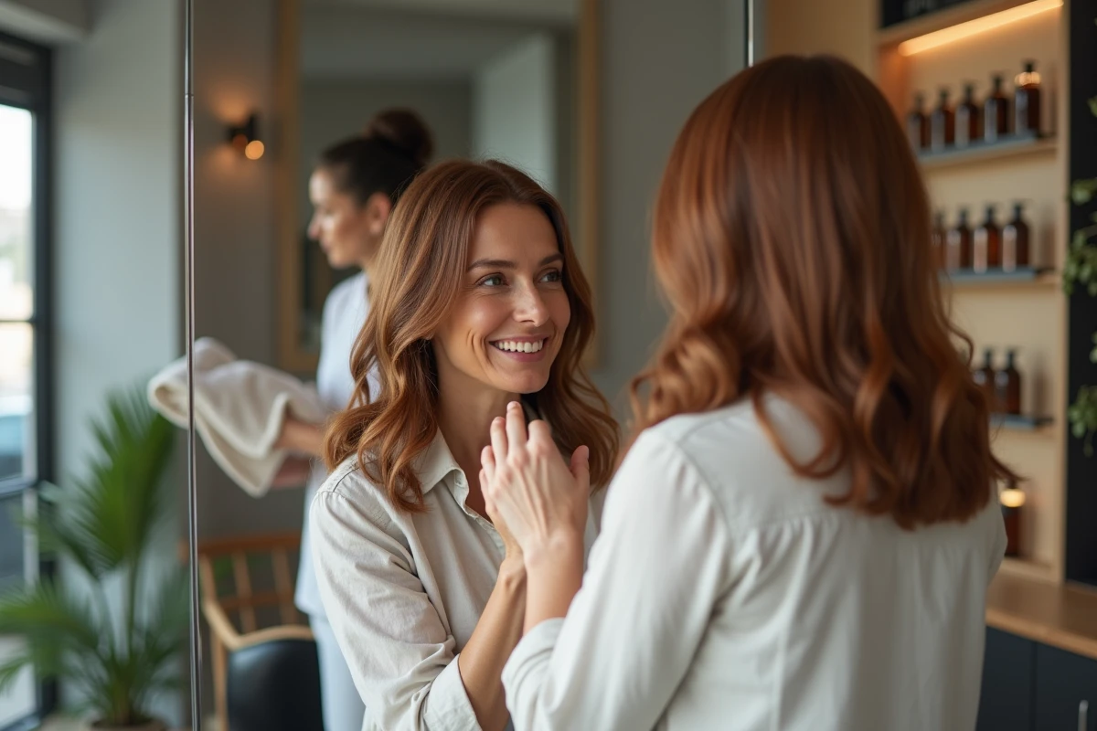 Femme admirant sa coloration végétale fraîche dans un miroir de salon de coiffure naturel