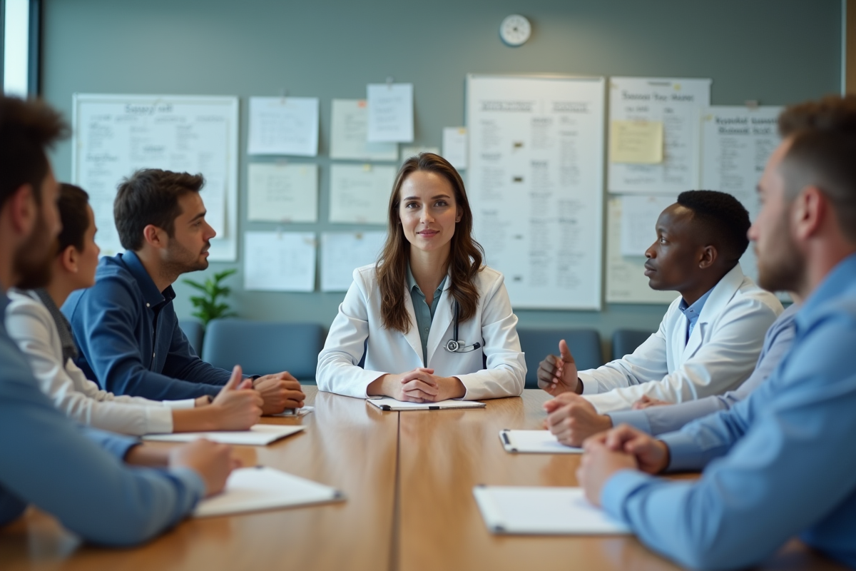 Jeune psychiatre discute avec une équipe multidisciplinaire en réunion