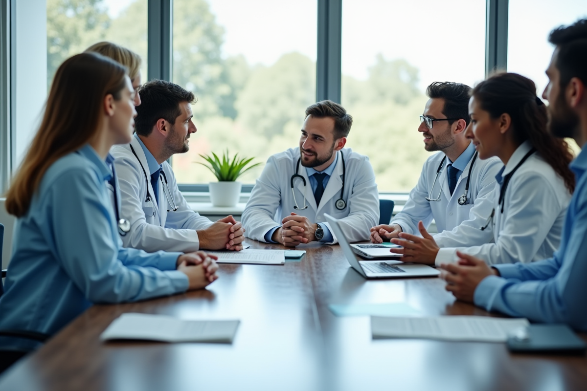 Discussion entre médecins et administrateurs en salle moderne