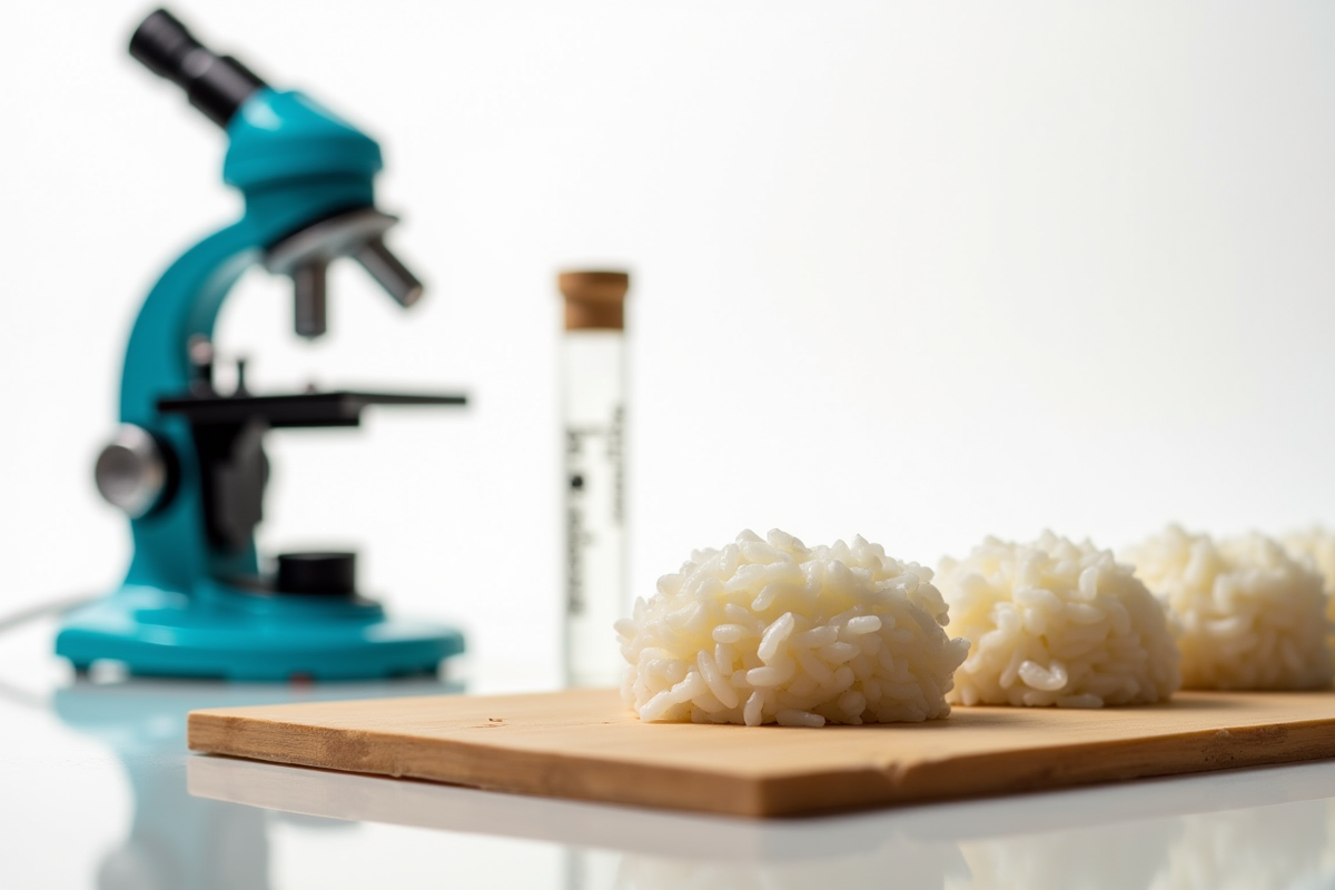 Riz à sushi cuit sur un tapis en bois avec microscope scientifique