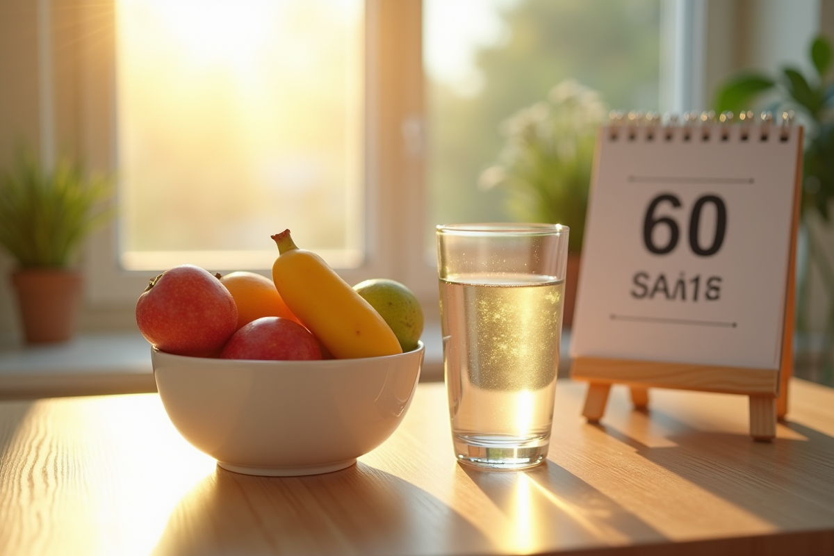 Bol de fruits frais et verre d'eau sur une table ensoleillee