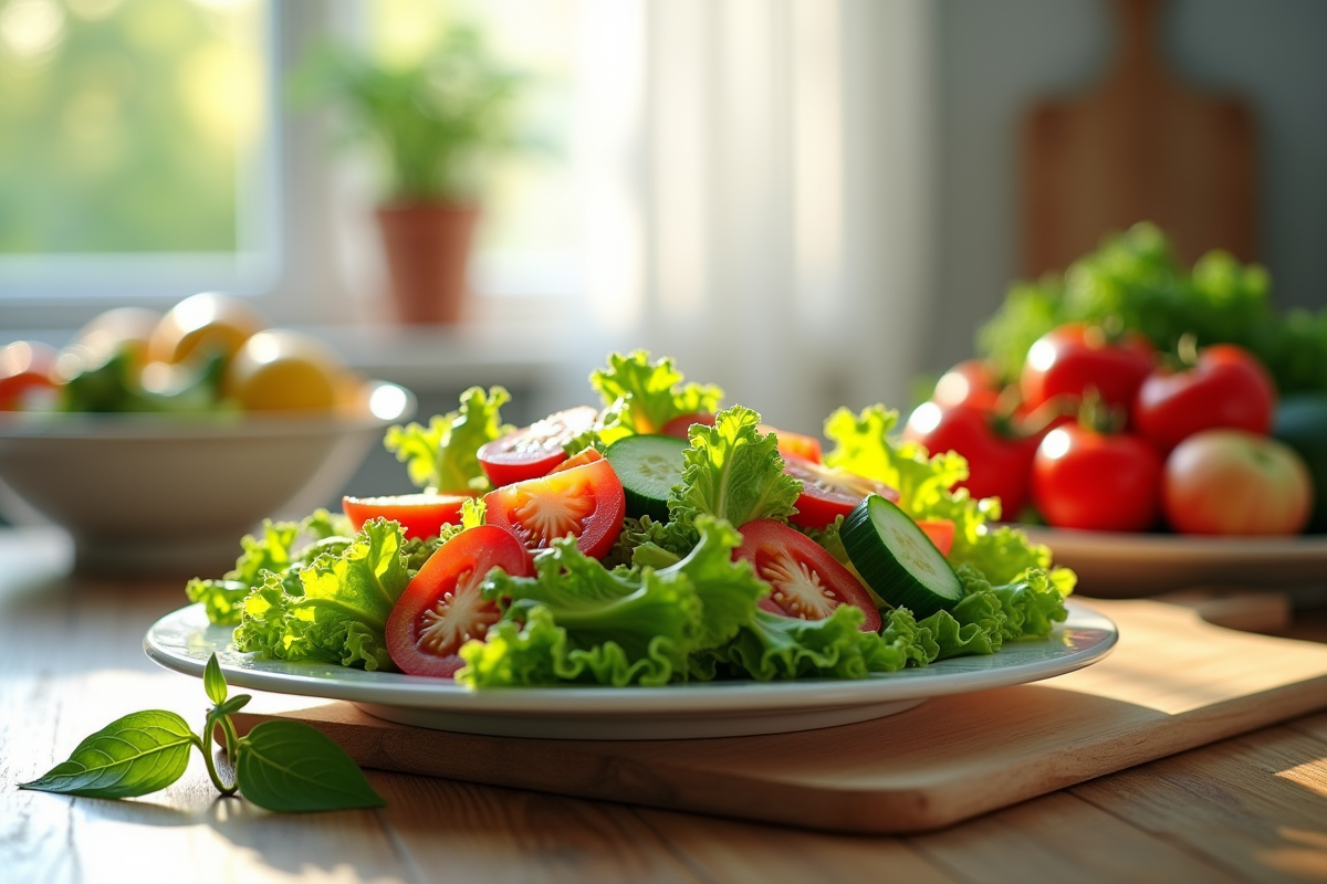 Salade fraîche avec laitue tomate et concombre sur une table lumineuse