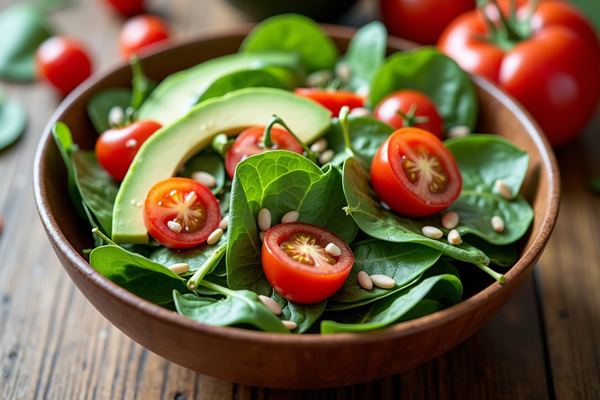 Bol de salade colorée avec avocat et tomates cerises