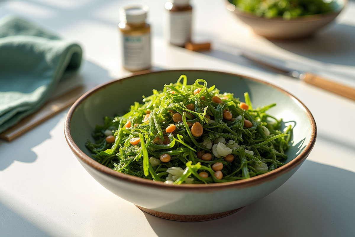 Gros plan sur une salade de seaweed dans un bol en céramique
