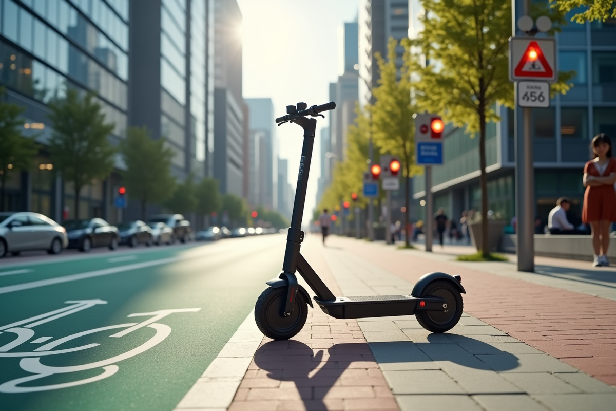 Scooter électrique stationné dans une voie cyclable en ville ensoleillée