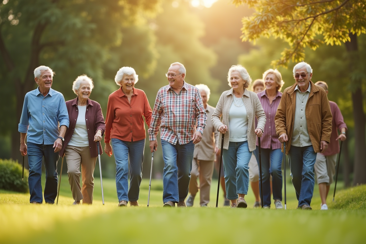 Seniors promener dans un parc en plein air