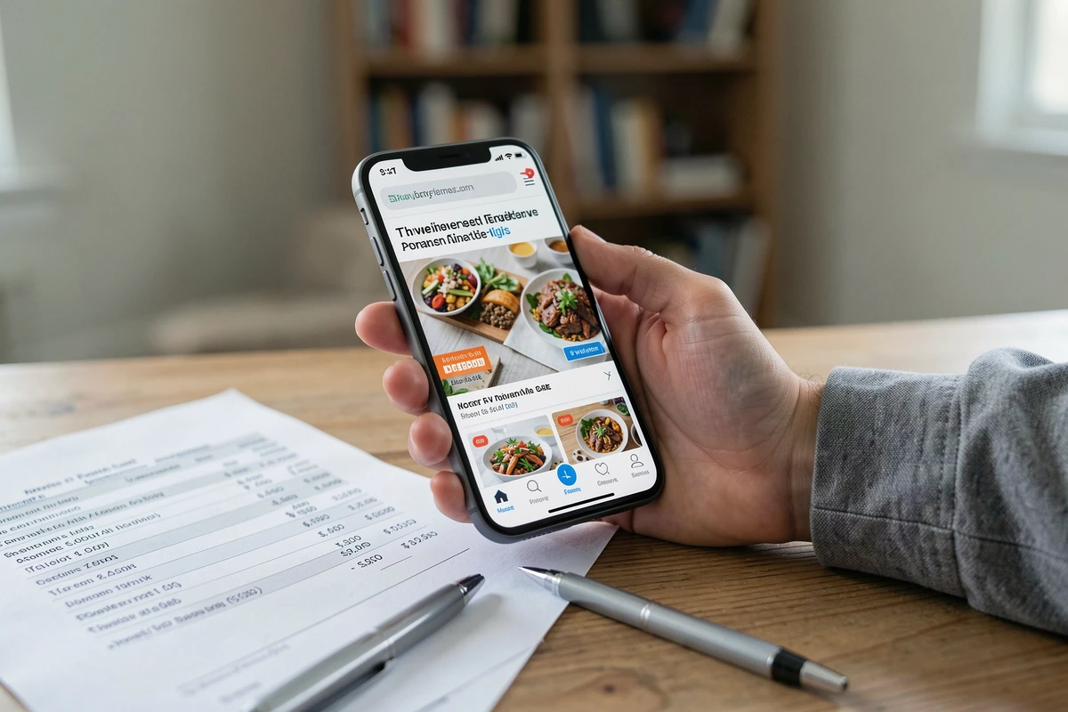 Main tenant un smartphone avec un site de programme minceur affiché et documents tarifaires sur un bureau