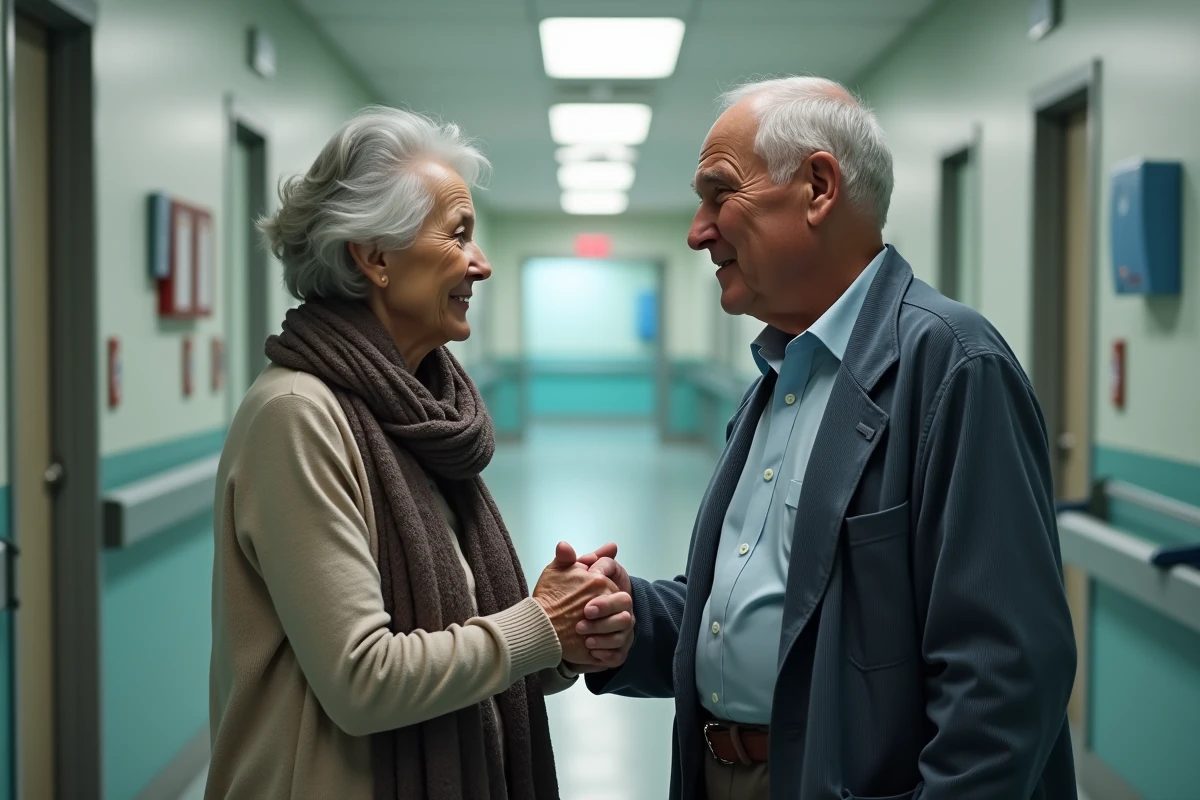 Femme aidant un homme âgé dans un couloir d