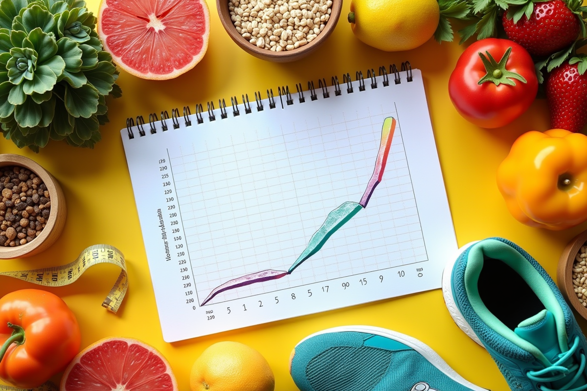 Table coloré avec fruits légumes et accessoires de sport