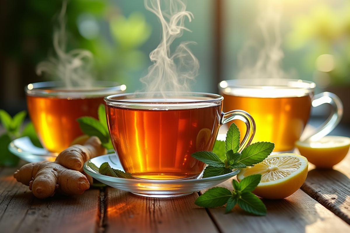 Tasses de thé aux herbes avec menthe et citron