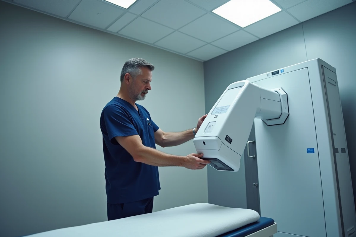 Technicien radiologue réglant un appareil de radiographie dans une salle d'examen médicale