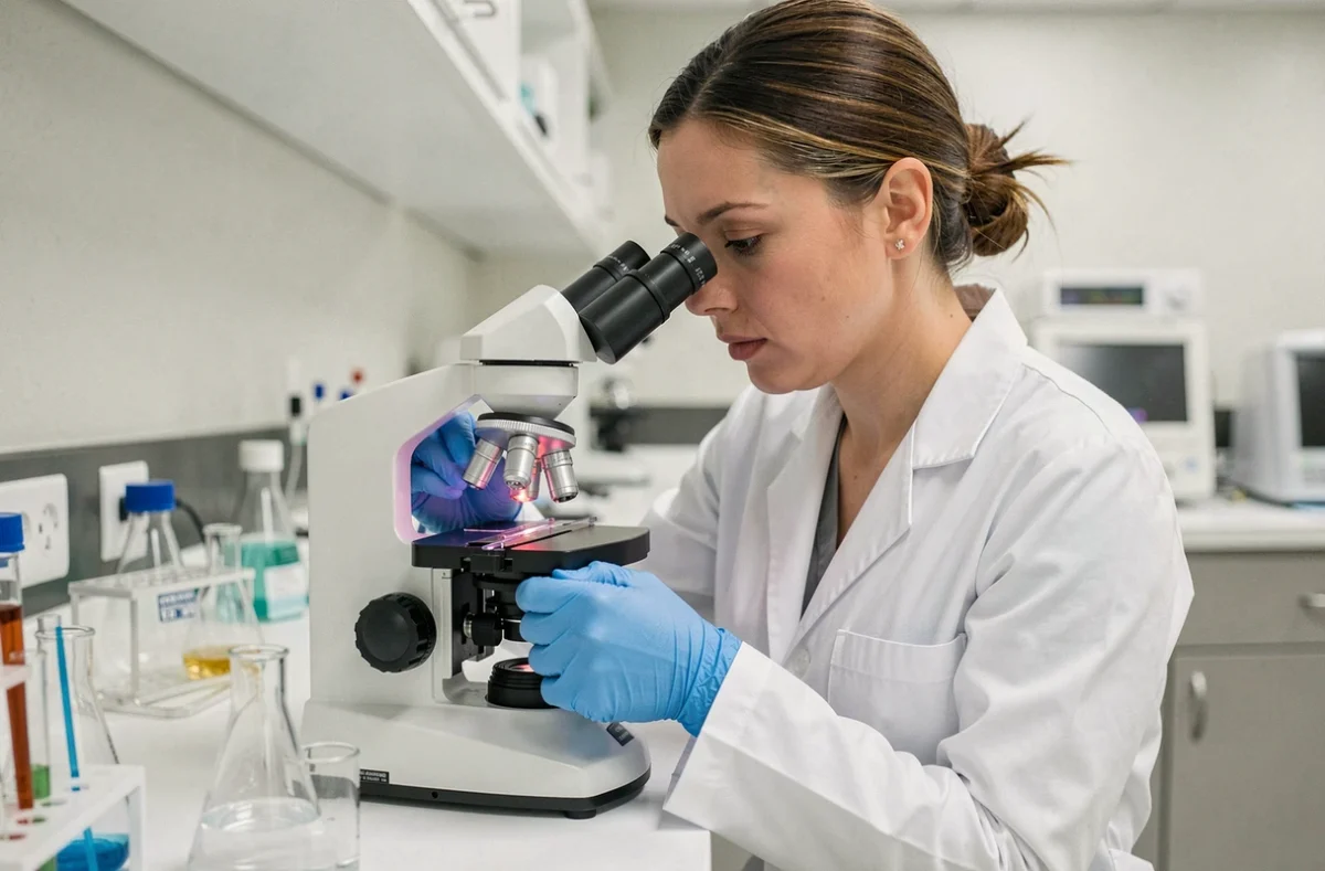 Technicienne de laboratoire examinant un échantillon d'urine au microscope optique pour analyser des cellules épithéliales rares