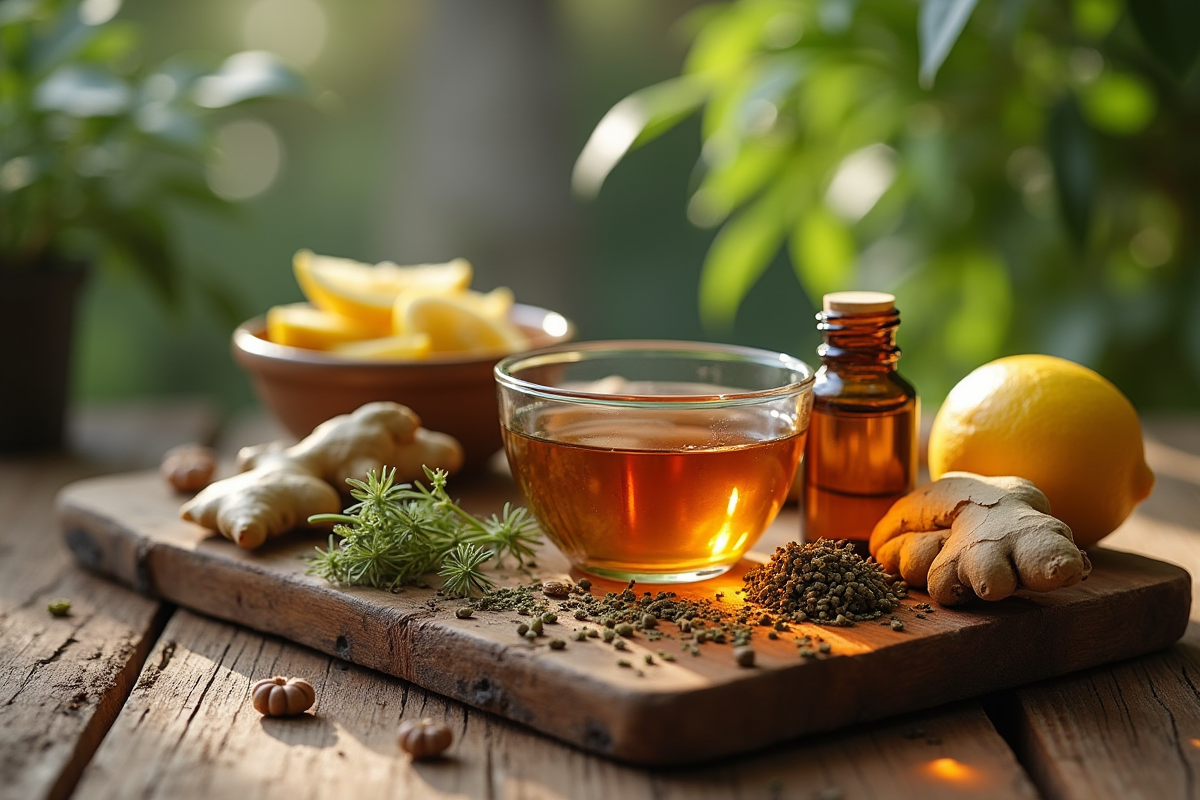 Tisane aux herbes gingembre et citron sur une table rustique