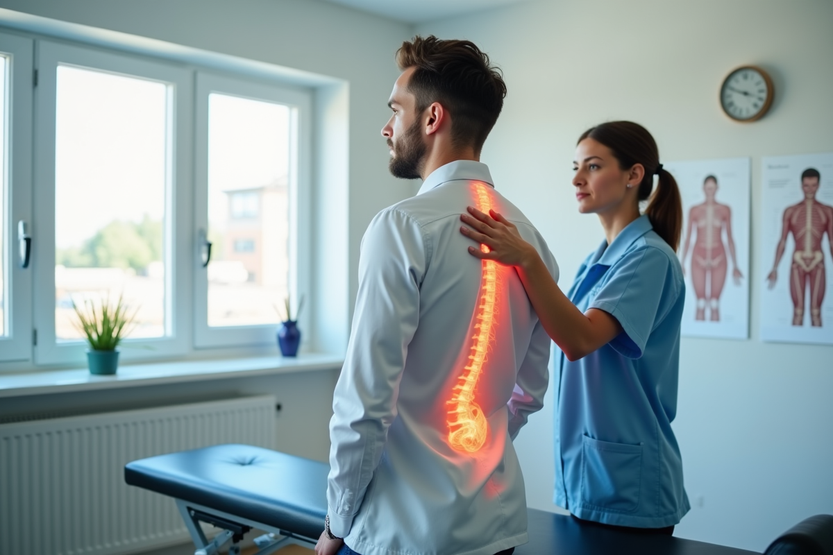 Therapeute en physiotherapie evaluant la posture en clinique