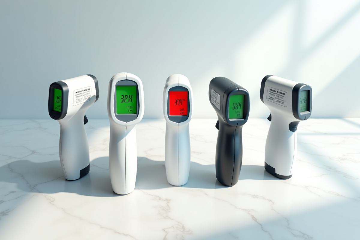 Différents thermomètres modernes alignés sur une surface en marbre naturel