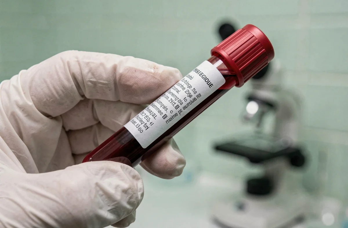 Tube de prélèvement sanguin tenu par un professionnel de santé dans un laboratoire d'hématologie