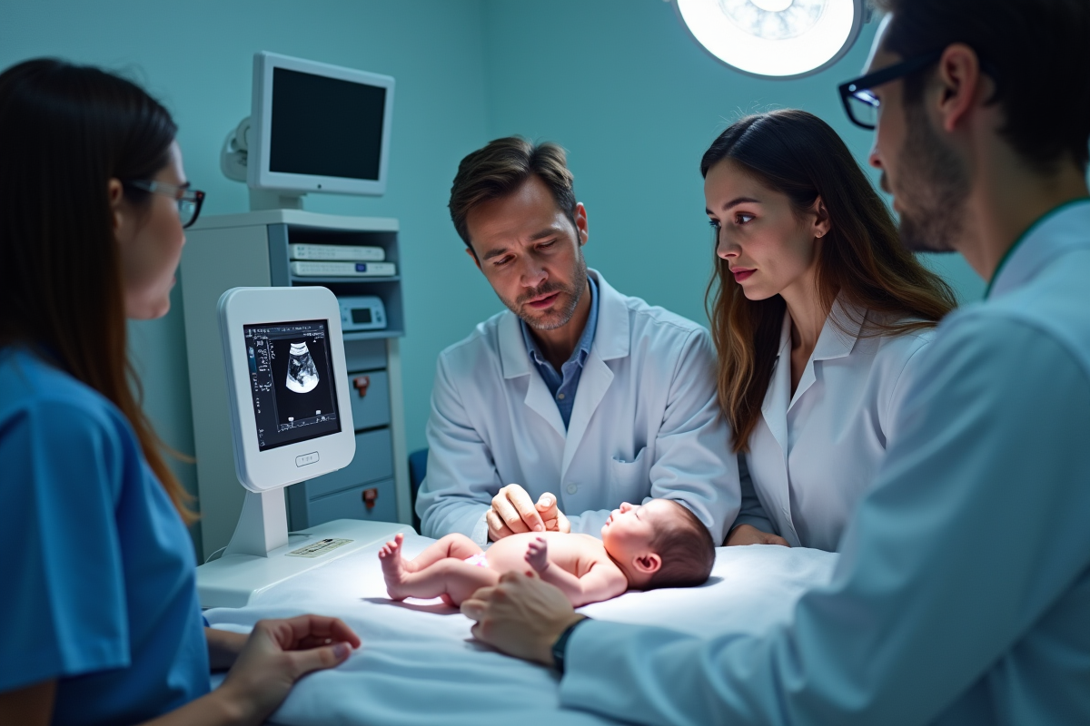 Pédiatre réalisant une échographie sur un nouveau-né dans une clinique moderne