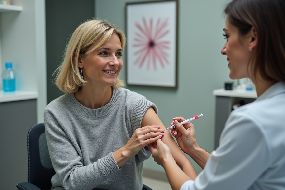 Femme d'âge moyen lors d'une vaccination en cabinet médical