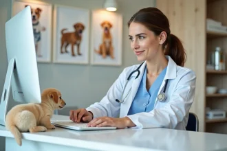 Vétérinaire consultante un logiciel de suivi client GmVet 2 à la réception d'une clinique vétérinaire moderne avec un chiot golden retriever