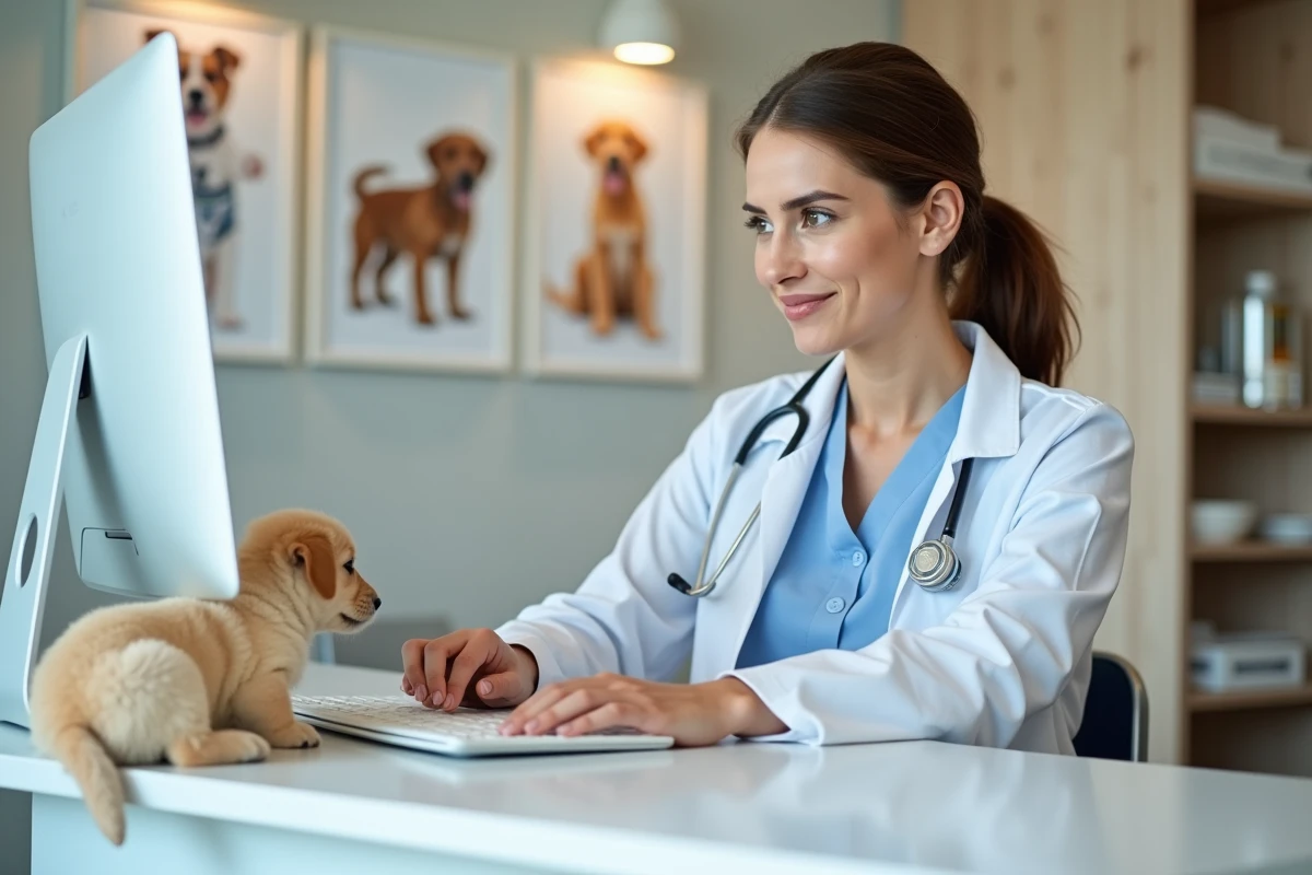 Vétérinaire consultante un logiciel de suivi client GmVet 2 à la réception d'une clinique vétérinaire moderne avec un chiot golden retriever