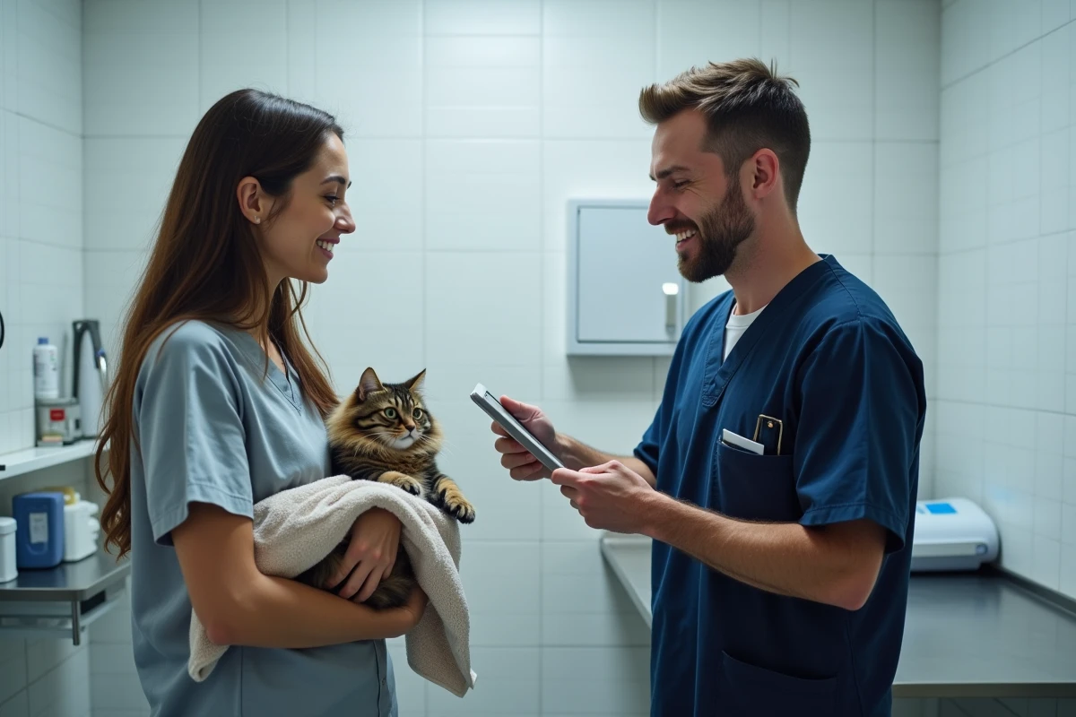 Vétérinaire présentant le suivi personnalisé via tablette à une propriétaire de chat lors d'une consultation dans une clinique vétérinaire