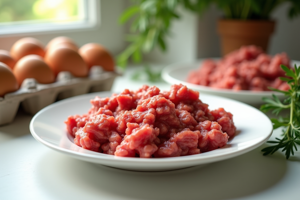 Viande hachée crue avec œufs et herbes fraîches sur le plan de travail